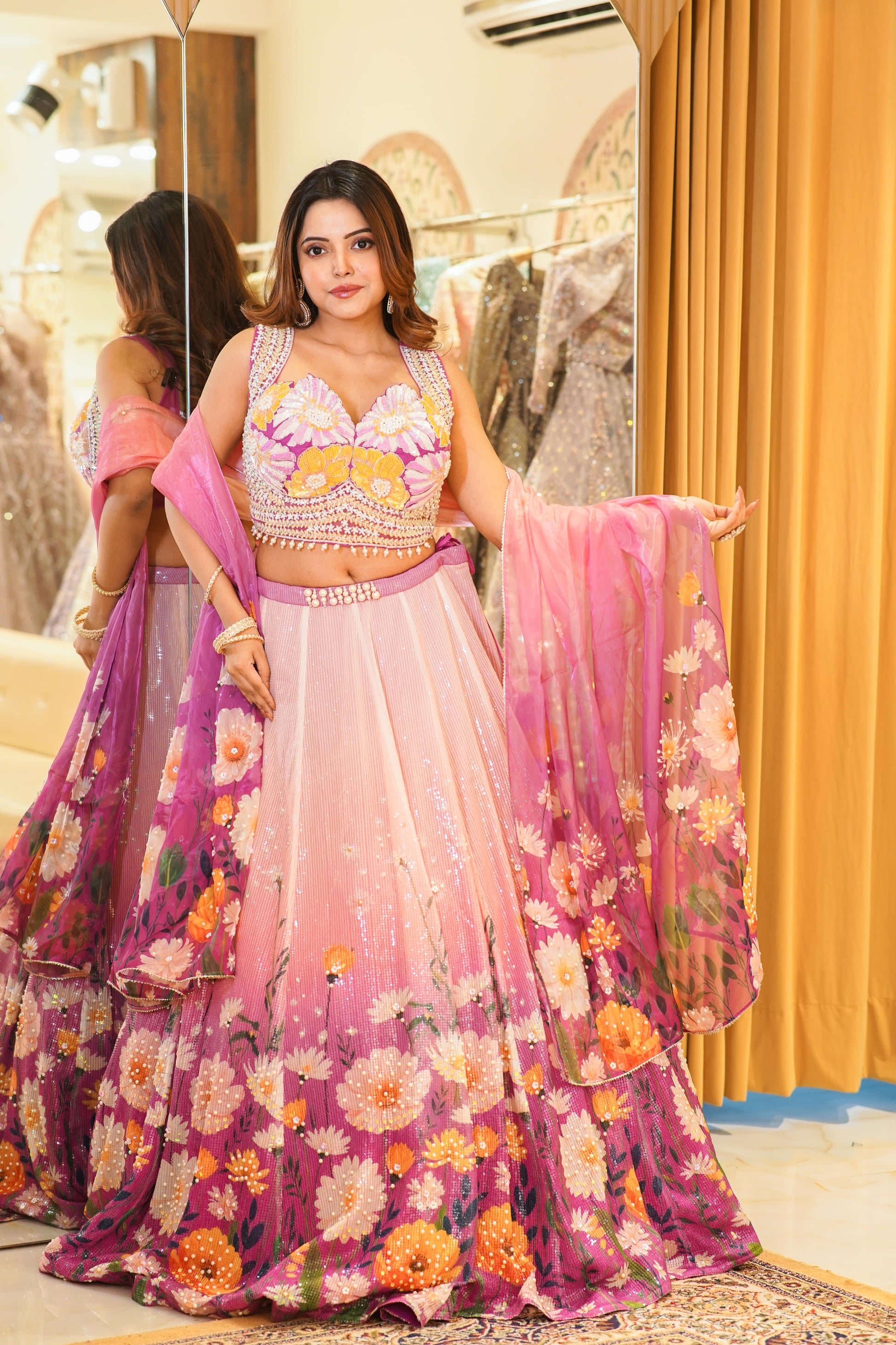 Organza Shaded Peach Pink Crop Top Skirt